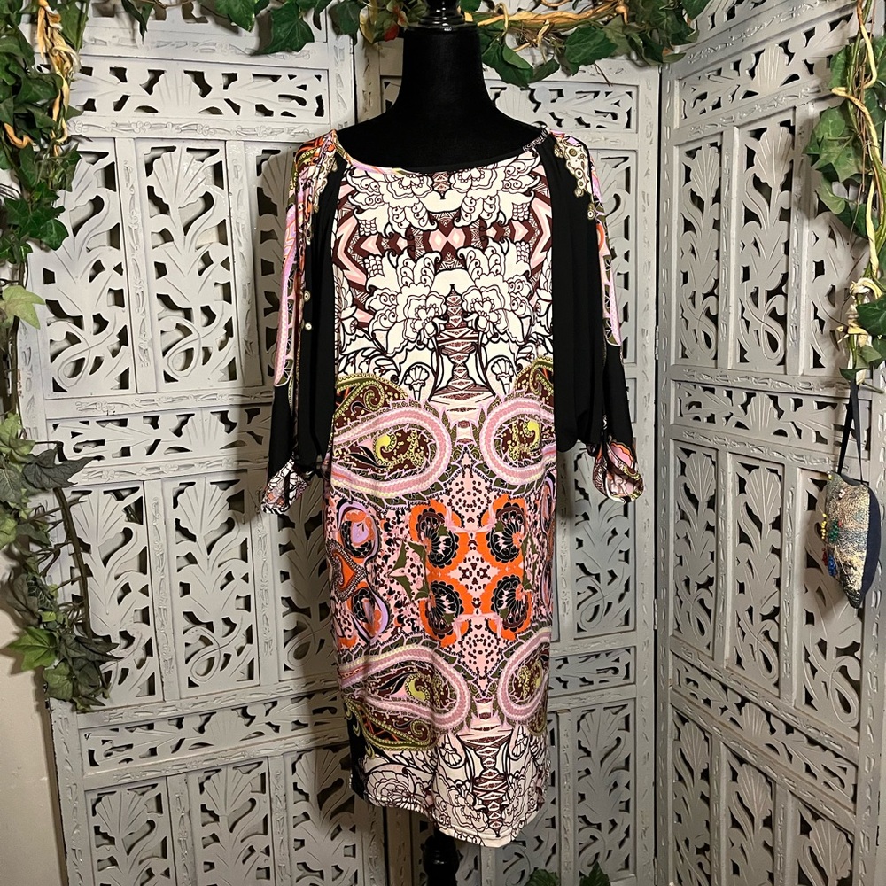 UNCLE FRANK FANTASTIC PINK PAISLEY & MULTICOLOR DECO ACCENTS MIDI DRESS TUNIC